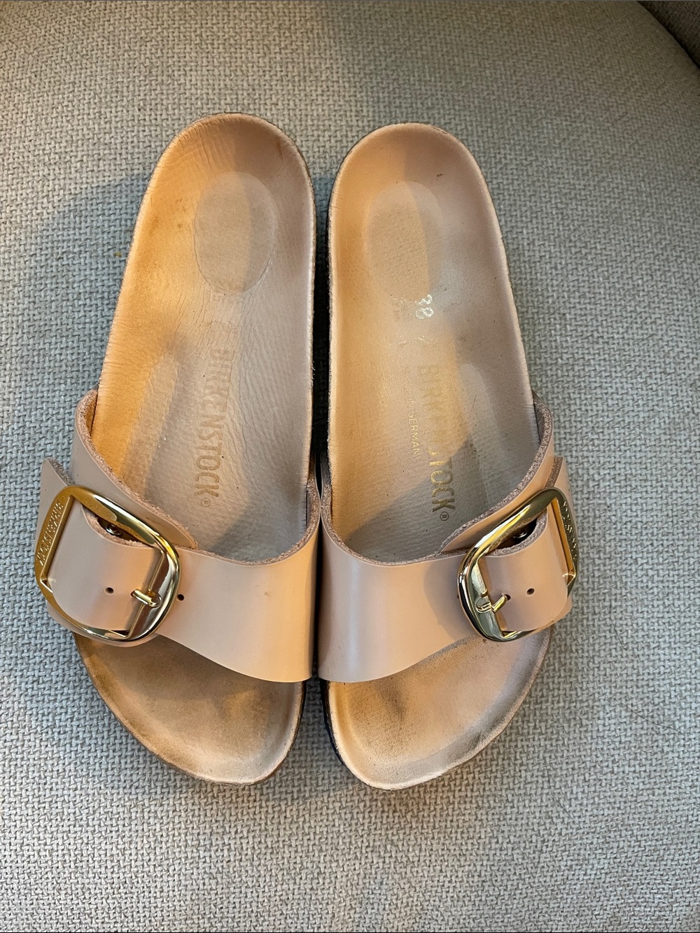 Birkenstock Madrid Single Strap Sandal in Nude Beige with Gold Big Buckle